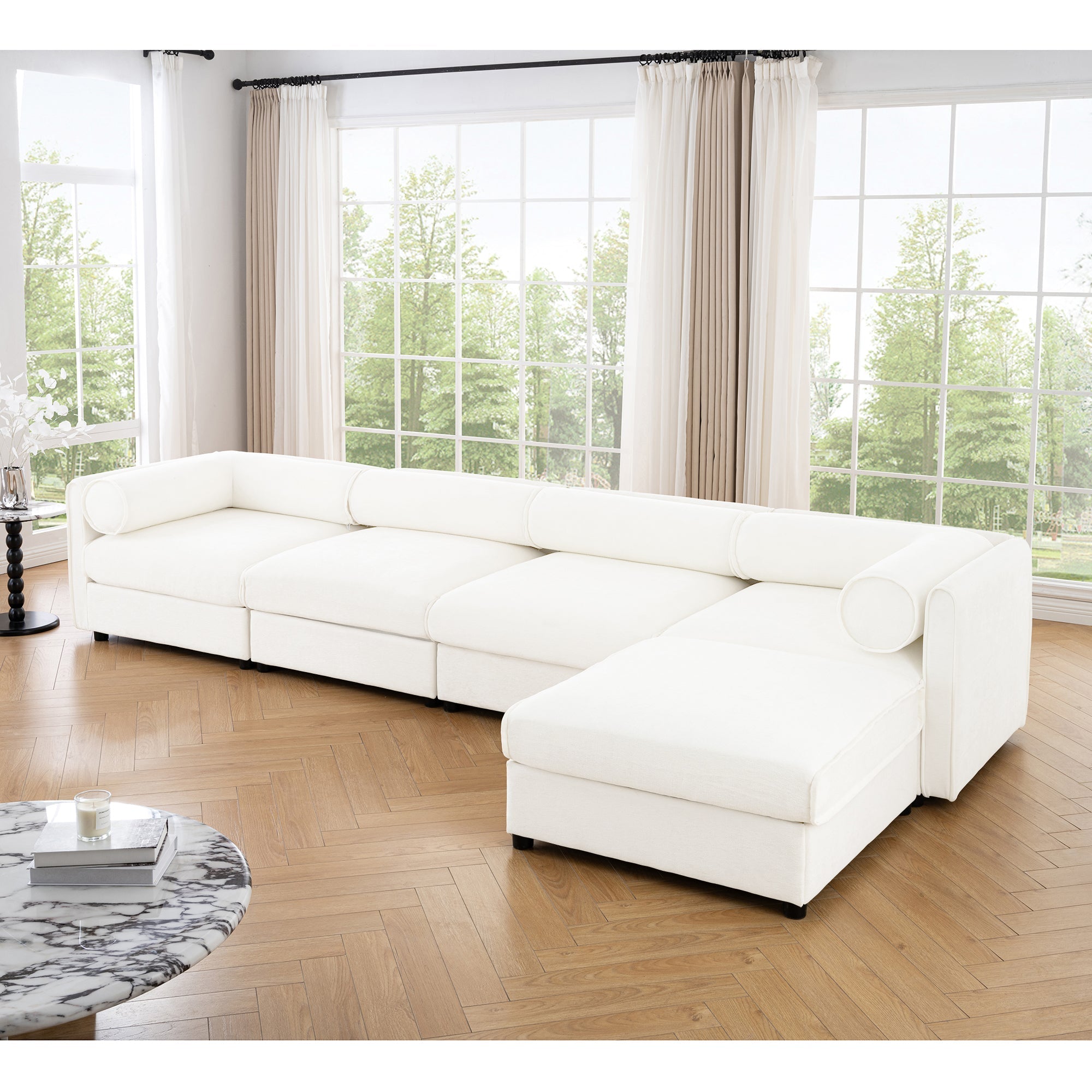 Modular Sectional Sofa with Storage, Cylindrical Backrest and Armrests Deep Comfortable Seating,Durable and Supportive for Living Room,4 Seat L- Shaped Sofa, White
