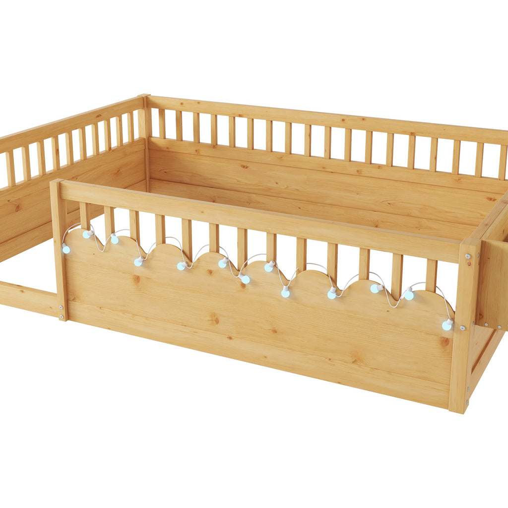 Full Montessori Floor Bed Frame with High Rails, Wood Kids Floor Beds with Light and Storage Shelf, Natural (Expect Arrival Date 2025/8/15)