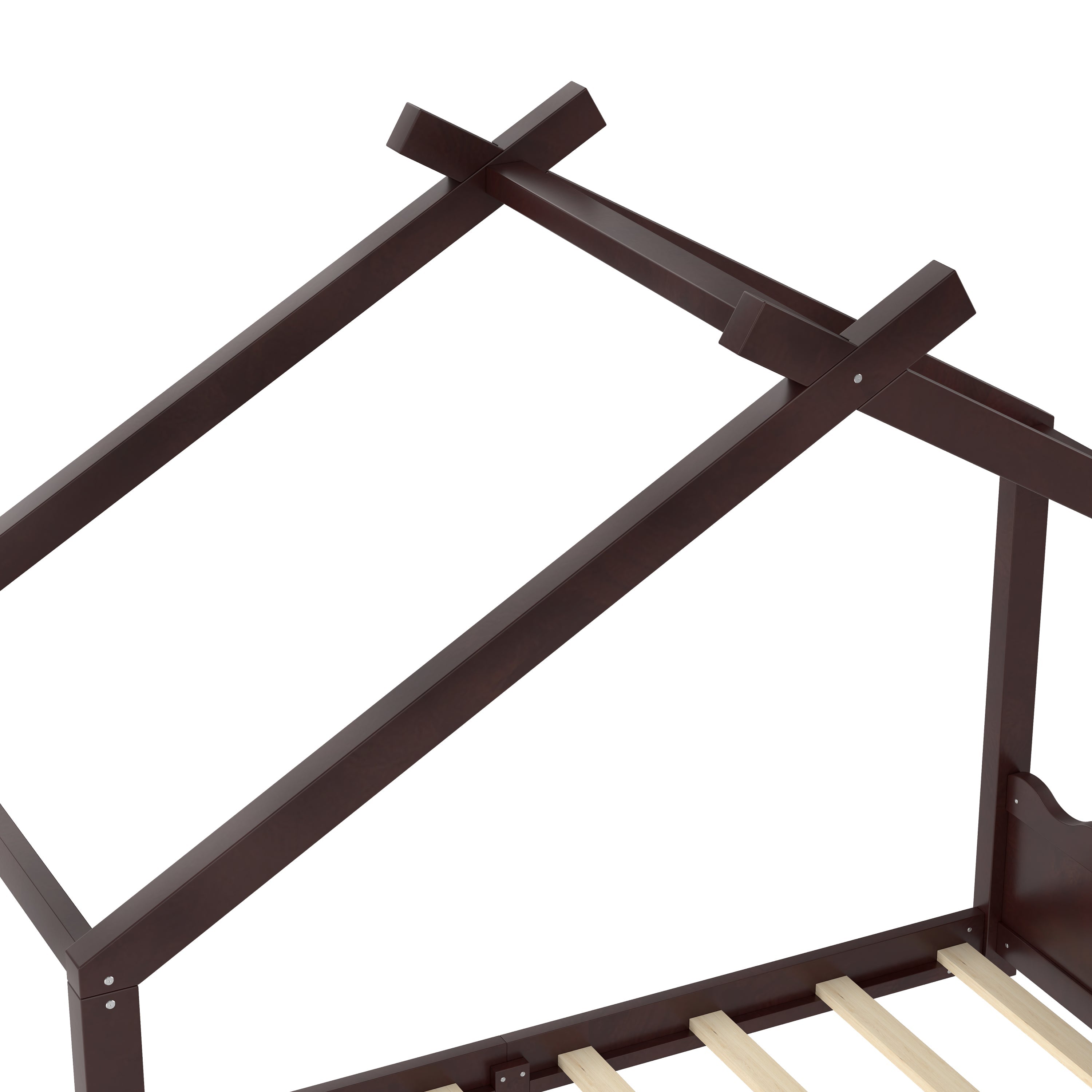 Twin House Floor Bed with Support Slats, Solid Wood House Bed Frame for Kids, No Box Spring Needed and Opening Constructure, Espresso