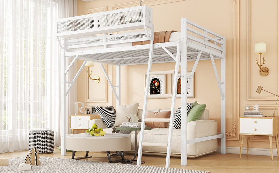 Queen Size Loft Bed with Ladder, Metal Queen Loft Bed with Storage Shelves, High Loft Bed for Kids Teens, White(Expect Arrival Date 2025/12/3  Old SKU W2580P351278)