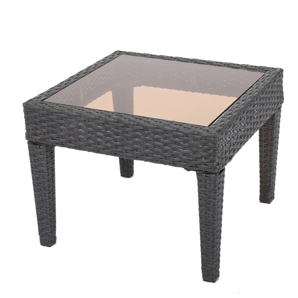Outdoor Antibes Wicker Side Table Grey Accent Table with Glass Top