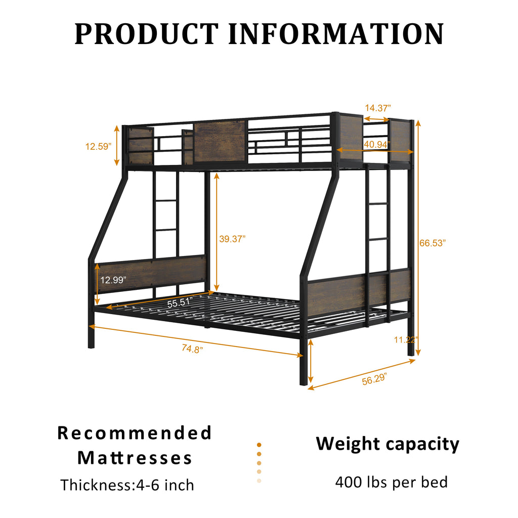 Twin Over Full Bunk Beds, Metal Bunk Bed Frame with Safety Guardrail and 2 Ladder for Kids,Sturdy Metal Frame and Protective Board Supports, No Box Spring Needed, Easy Assembly