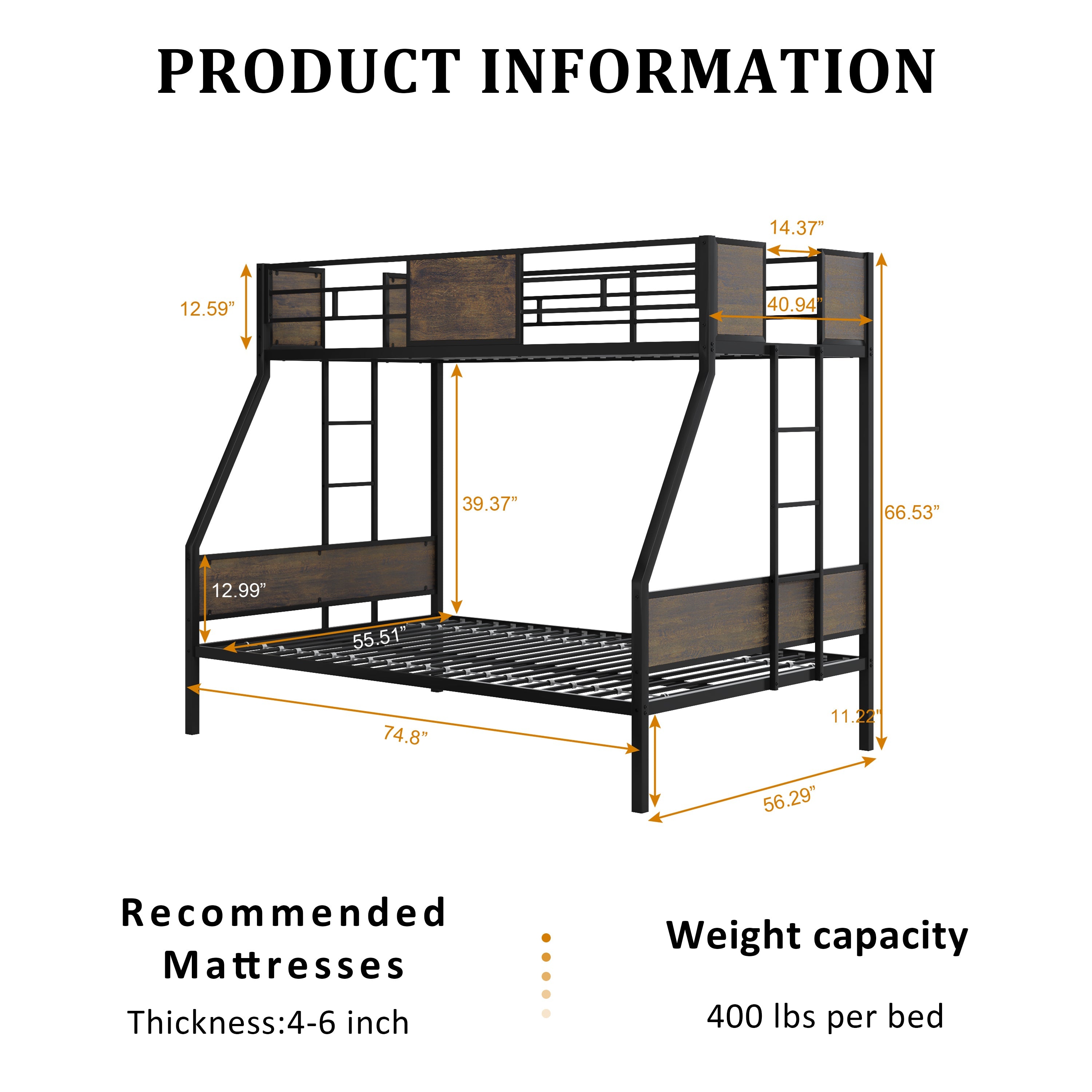 Twin Over Full Bunk Beds, Metal Bunk Bed Frame with Safety Guardrail and 2 Ladder for Kids,Sturdy Metal Frame and Protective Board Supports, No Box Spring Needed, Easy Assembly