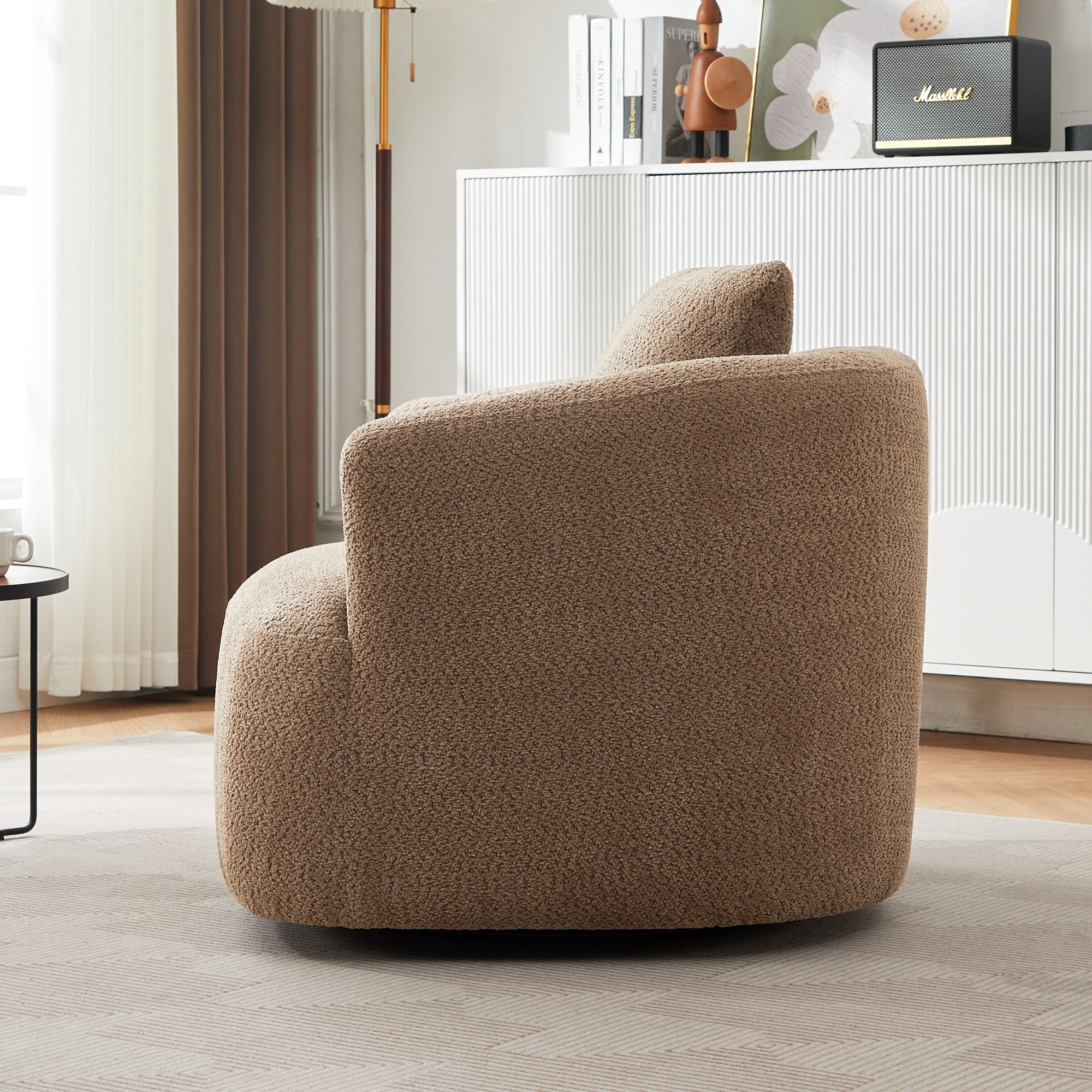 Chenille Upholstered 360° Swivel Chair with Throw Pillow, Dark Brown, 38.2' Accent Chair Sofa for Living Room and Office