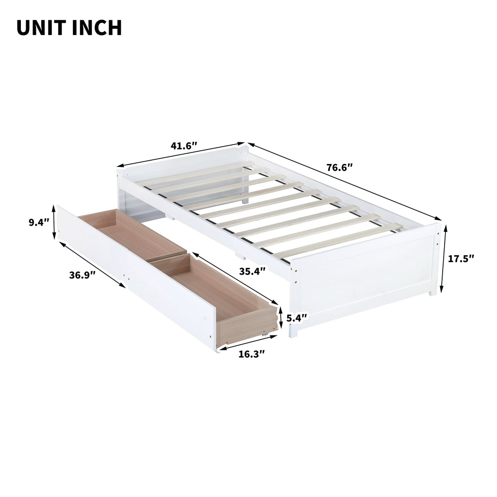 Twin Size Bed with 2 Drawers, Solid Rubber Wood Bed,White