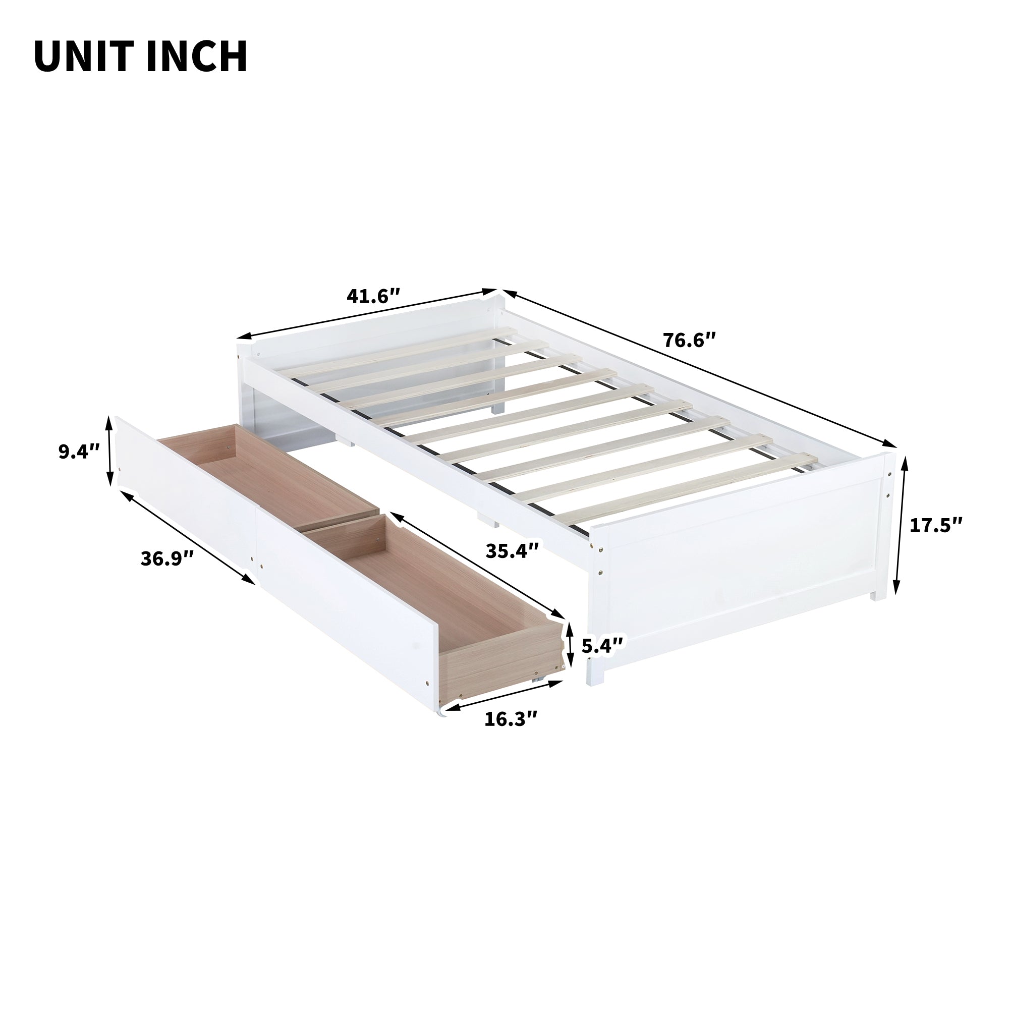 Twin Size Bed with 2 Drawers, Solid Rubber Wood Bed,White