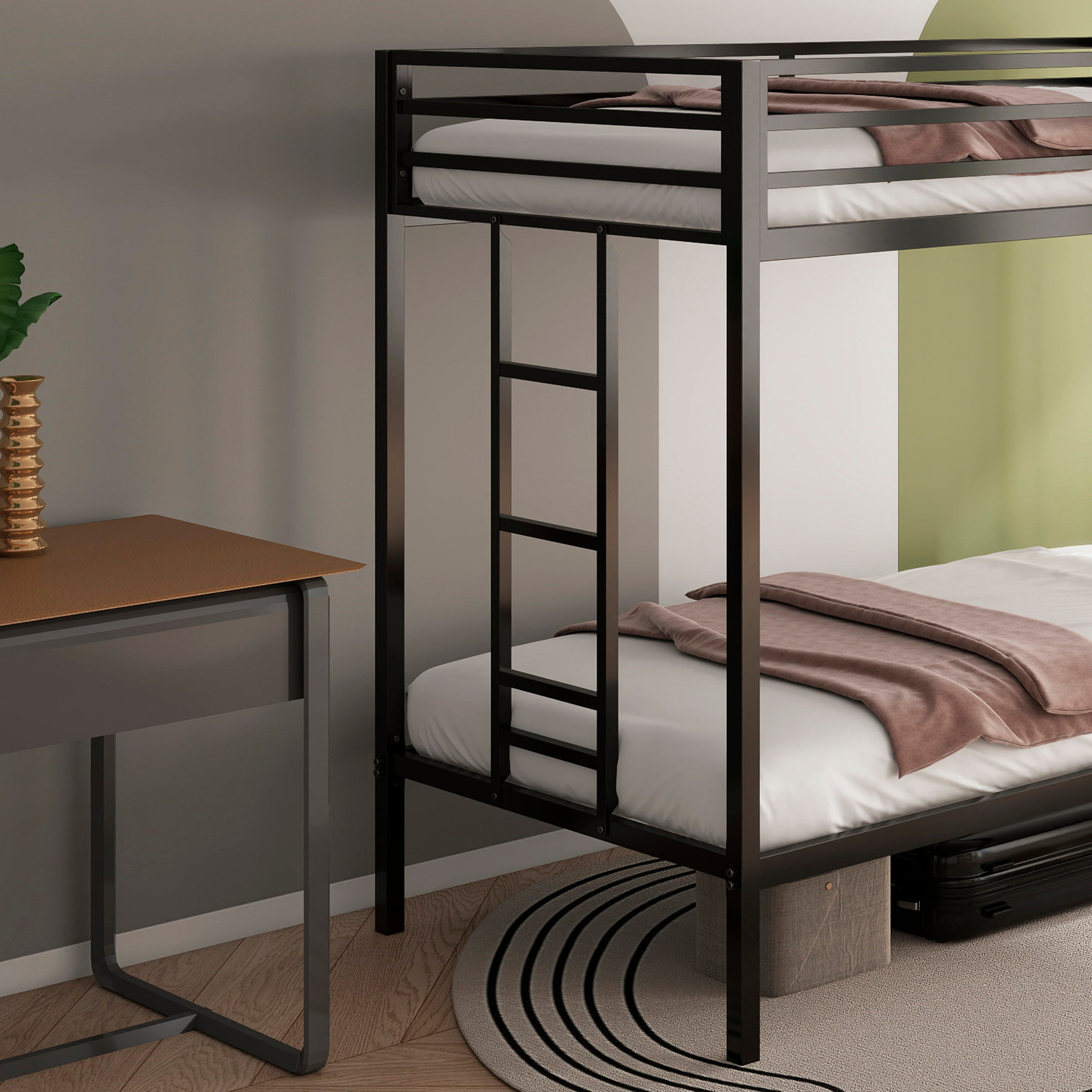 Adam Sturdy Twin Over Twin Bunk Bed Metal Black for Kids and Adult, Twin Over Twin Bunk Bed with Ladder and Guardrails, Easy Climbing, Beds for Bedroom