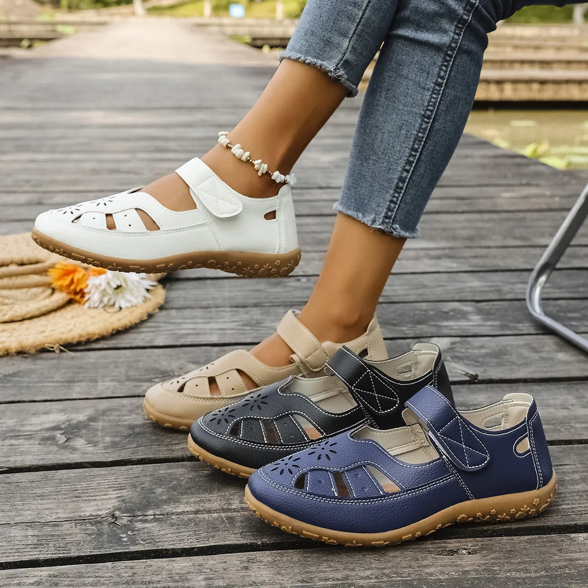 Cutout Velcro Straps Sandals