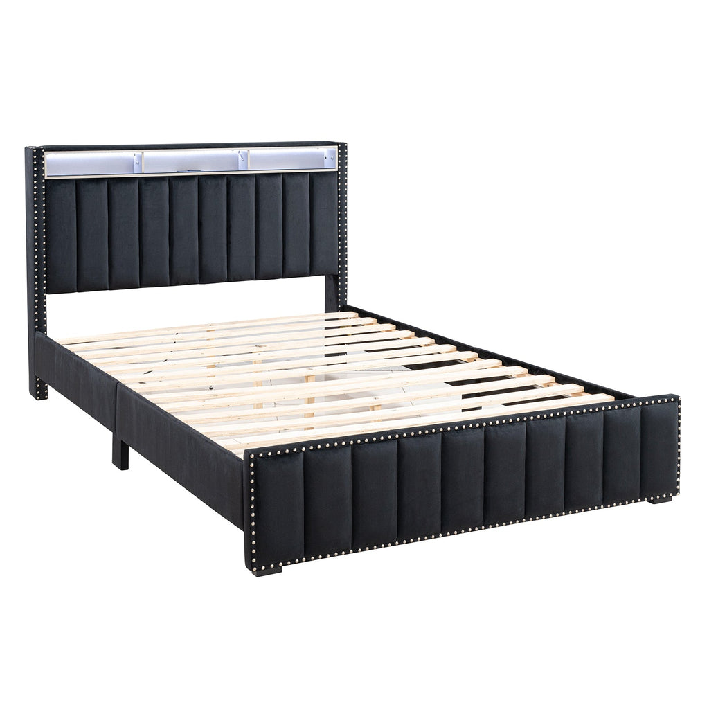 Full Size Bed And 2x Nightstands Bedroom Furniture Luxury Look Black Fabric Upholstered Bedframe w LED Nailhead Trim 3pc Bedroom Set