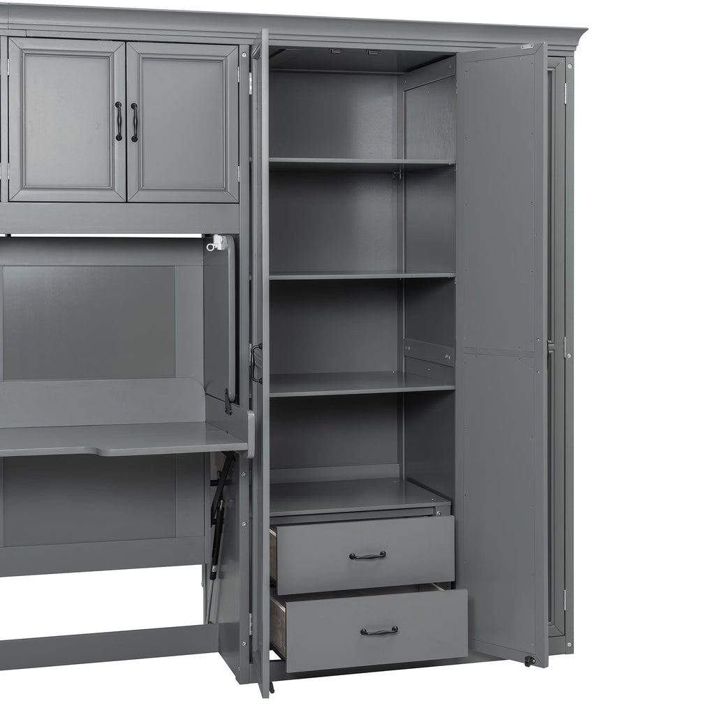 Twin Size Murphy Bed Wall Bed with Wardrobe, Cabinet and Desk, Gray
