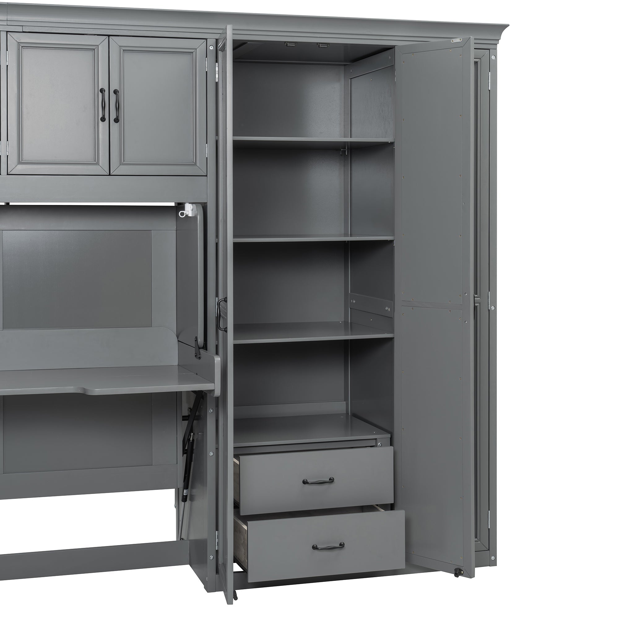 Twin Size Murphy Bed Wall Bed with Wardrobe, Cabinet and Desk, Gray