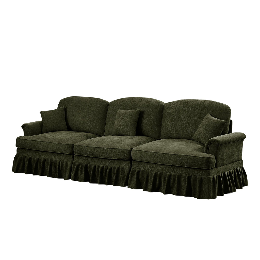 Elegant Mid Century Large 3 Seater Sofa Couch with Flared Arms and Removable Ruffles Pleats Skirts and Spindle Legs, Comfy Chenille Three-Seat Sofa for Living Room, Green