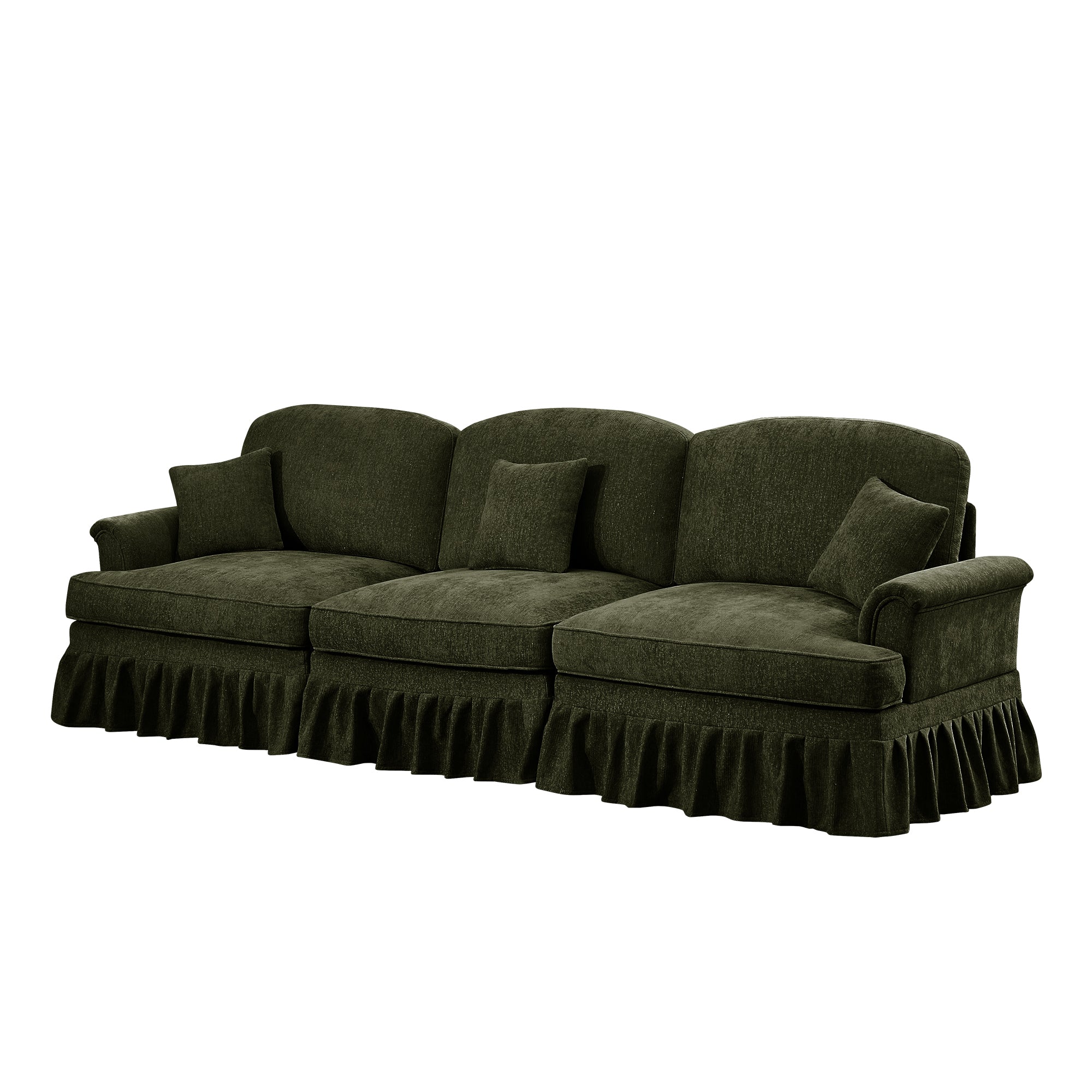Elegant Mid Century Large 3 Seater Sofa Couch with Flared Arms and Removable Ruffles Pleats Skirts and Spindle Legs, Comfy Chenille Three-Seat Sofa for Living Room, Green