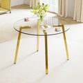 Modern minimalist style circular transparent tempered glass table, tempered glass tabletop, golden metal legs, suitable for kitchen, dining room, and living room, 42 '* 42' * 29.5 '1123r