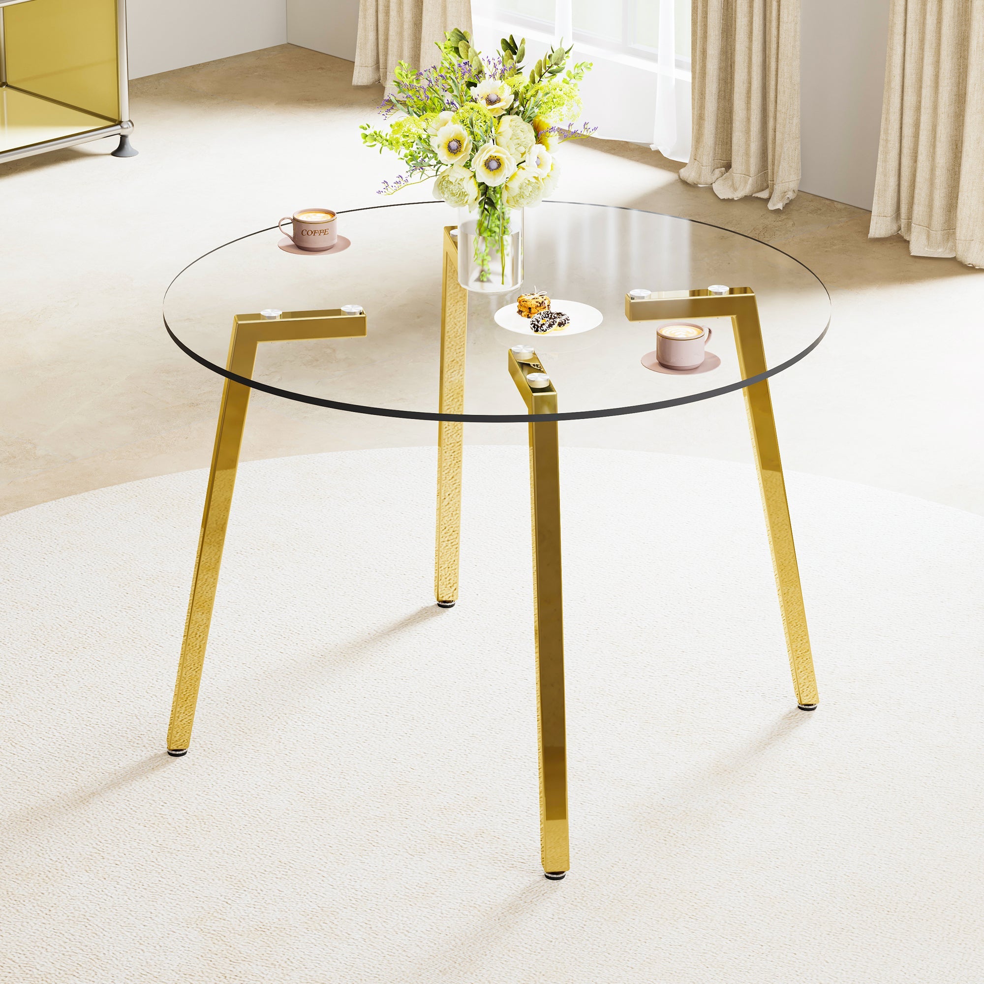 Modern minimalist style circular transparent tempered glass table, tempered glass tabletop, golden metal legs, suitable for kitchen, dining room, and living room, 42 '* 42' * 29.5 '1123r
