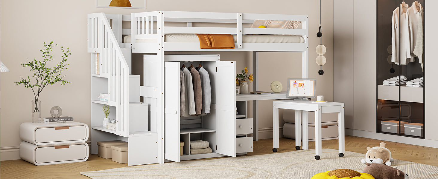 Twin Size Loft Bed with Stairs, Bookshelf, Drawers, Desk & Wardrobe – Space-Saving Multifunctional Furniture for Kids & Teens-White