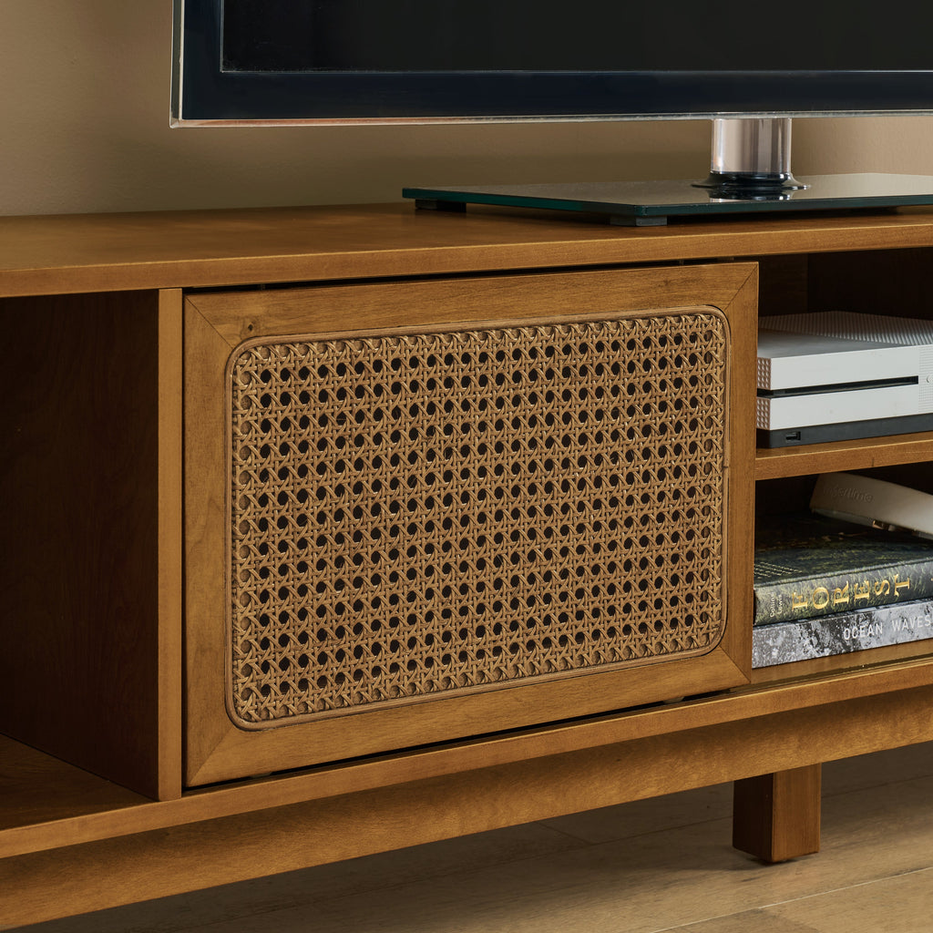 67.9 Inch Mid Century Modern Rattan TV Stand for TVs up to 75', Entertainment Cabinet, Media Console for Living Room Media Room, Solid Wood Feet & Rattan Cabinet Doors - Light Walnut
