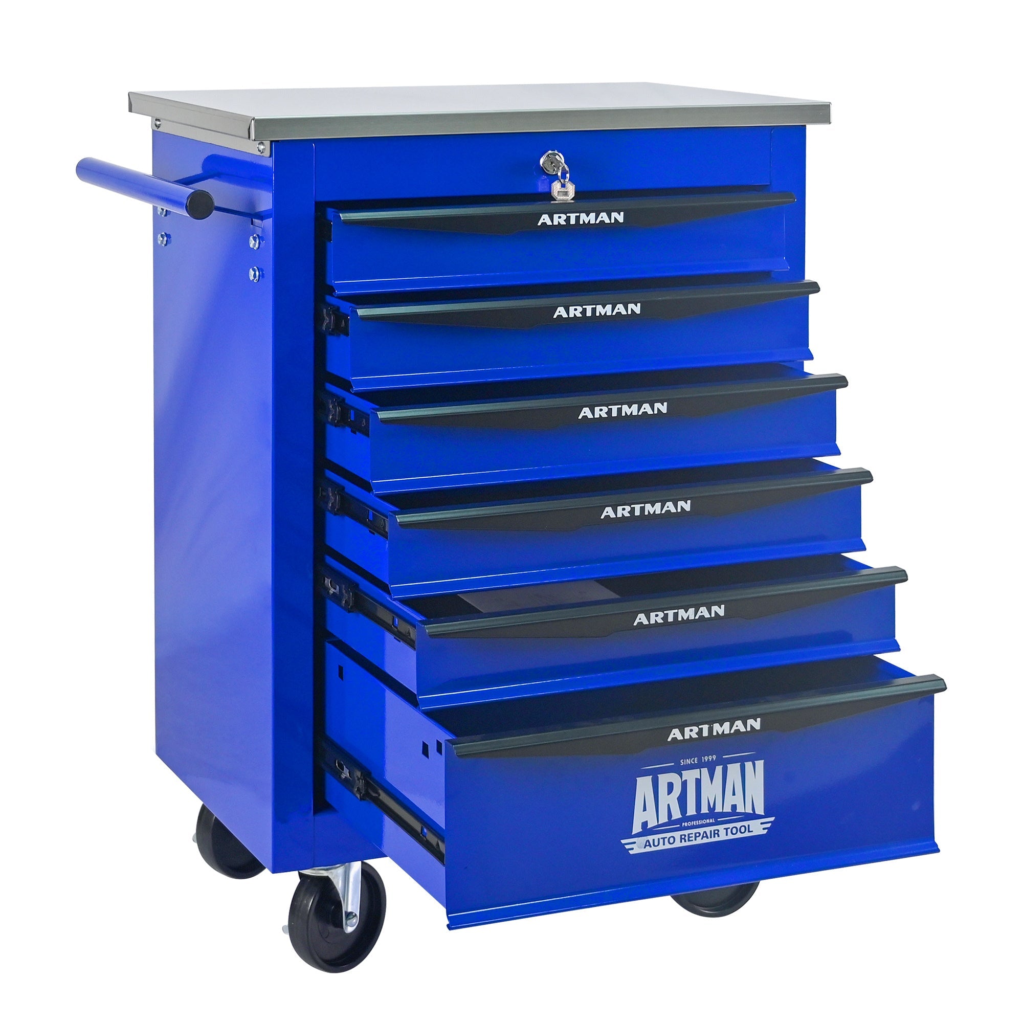 6 Drawers Multifunctional Tool Cart with Wheels,Metal Rolling Tool Cart Storage for Garage Workshop Warehouse Repair Shop--With Stainless Steel Roof- BLACK&BLUE