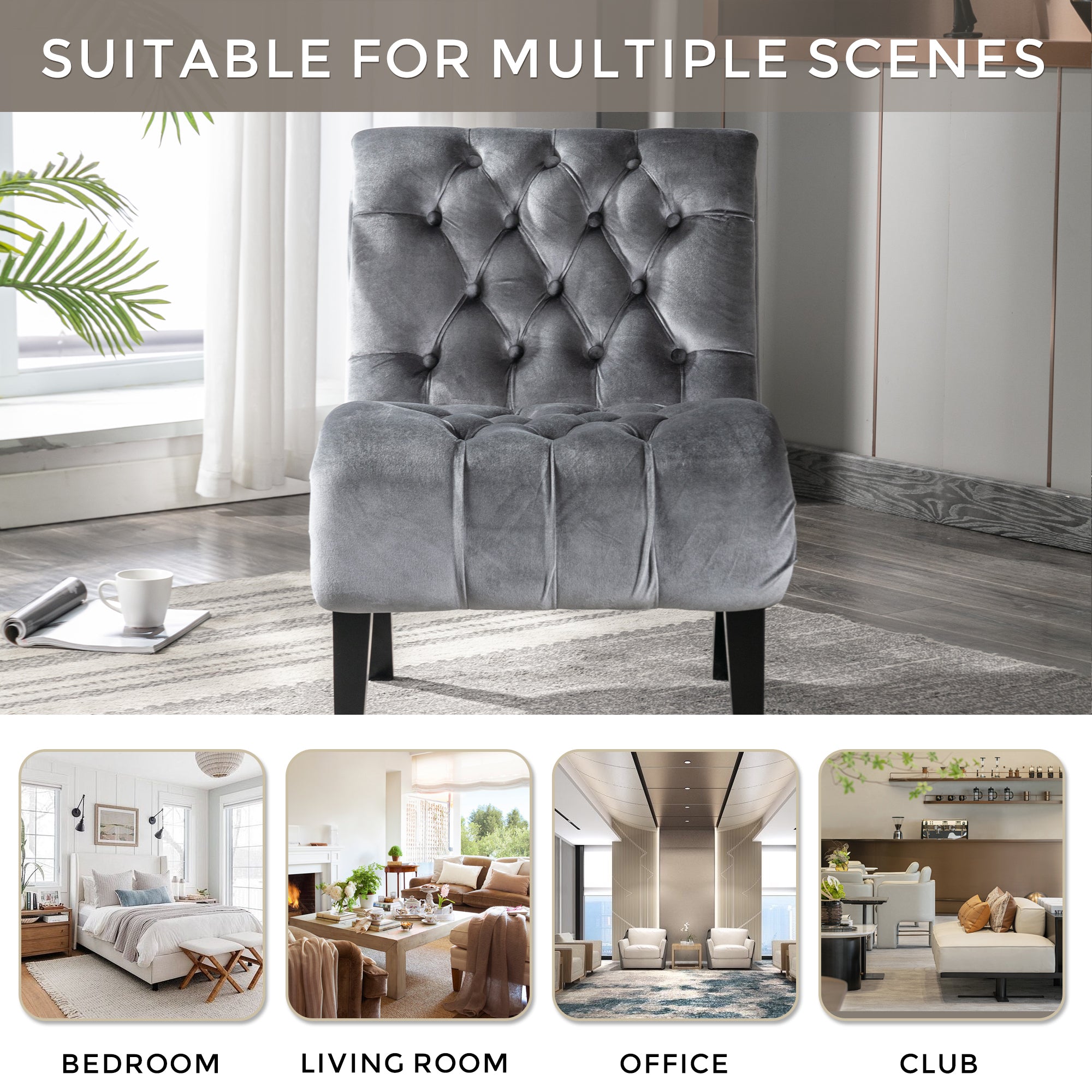 COOLMORE Modern Velvet Armless Accent Living Room Chair / Leisure Chair,Upholstered Fabric Button Comfortable Chair with Wooden Legs for Bedroom, Living Room, Office (Silver Velvet)