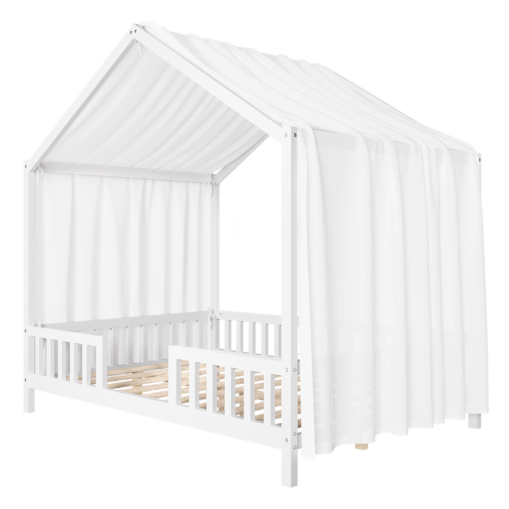 Montessori Floor Bed with Canopy, Full Bed Frame for Kids, House Shape Kids Bed Frame with High Railings, Wood Kids Bed with Roof, Kid Full Bed, White