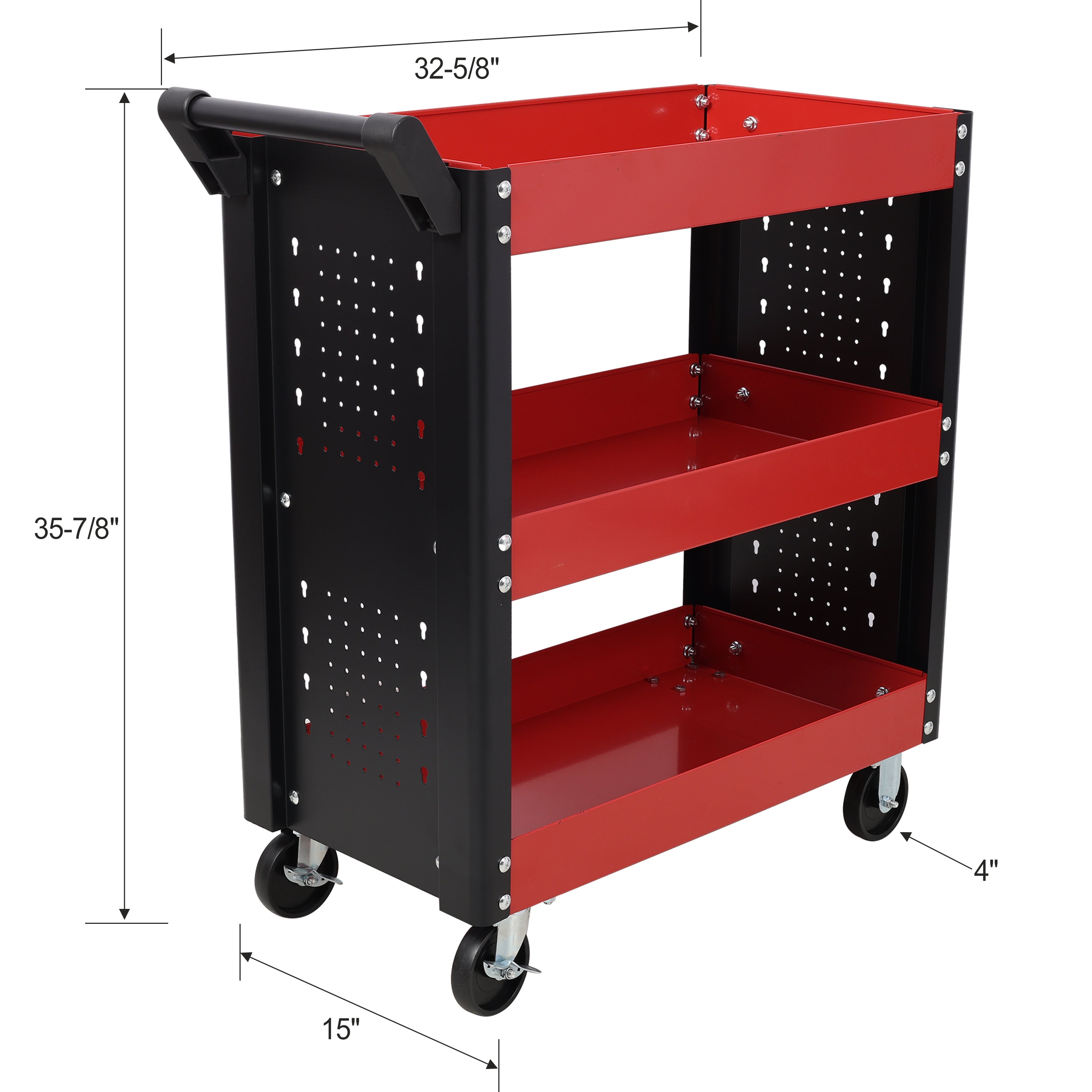 3 Tier Rolling Tool Cart on Wheels,Heavy Duty Utility Tool Cart with Pegboard for Repair Shop, Garage, Warehouse,Red