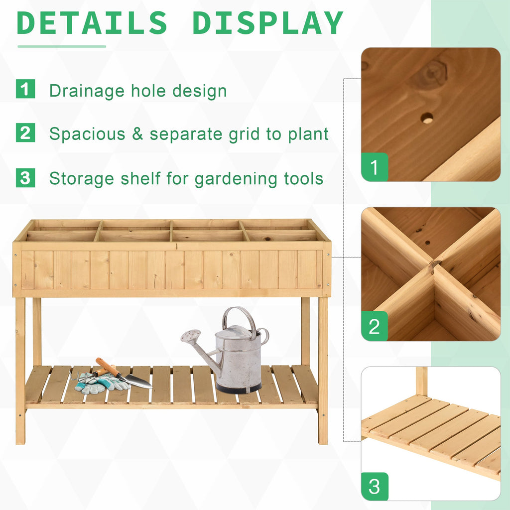 Outsunny 43x18x30in Raised Garden Bed with 8 Pockets and Shelf, Wooden Elevated Planter Box with Legs to Grow Herbs, Vegetables, and Flowers, Natural