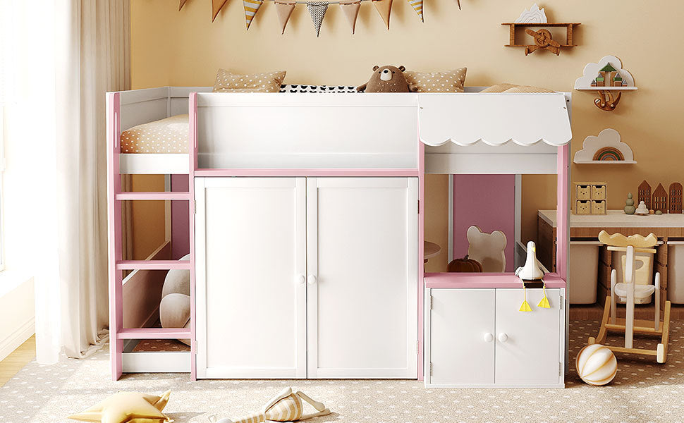 Full Loft House Bed with Playhouse & Storage, Modern Wood Cabin Bed for Kids/Teens, White+Pink