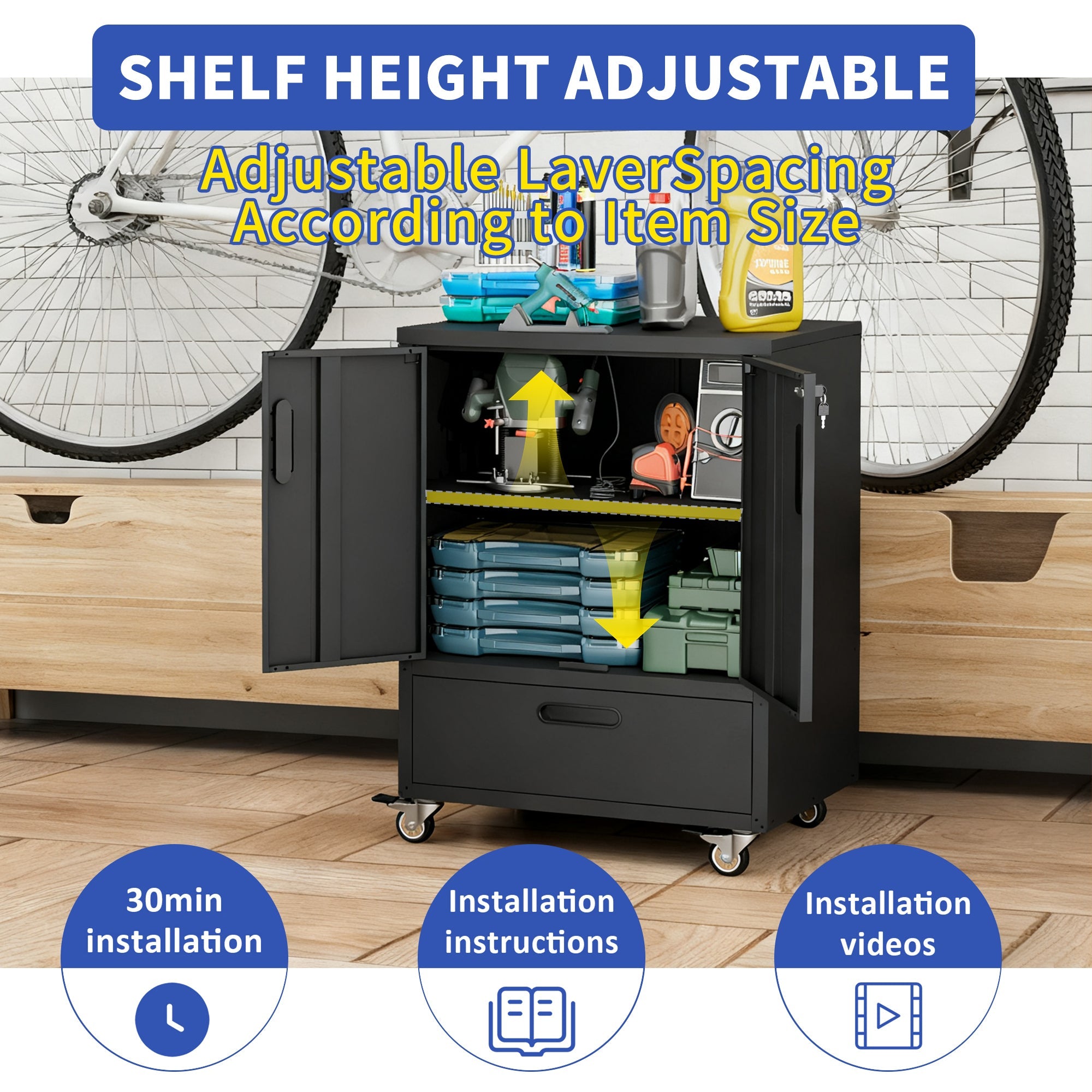 Tool Cart with Wheels, 40' H x 30' W x 20' D, Mobile Tool Cabinet with Lockable Casters & Drawer, Heavy-Duty Steel Storage Organizer for Garage, Workshop, Office - Easy 30-Min Assembly