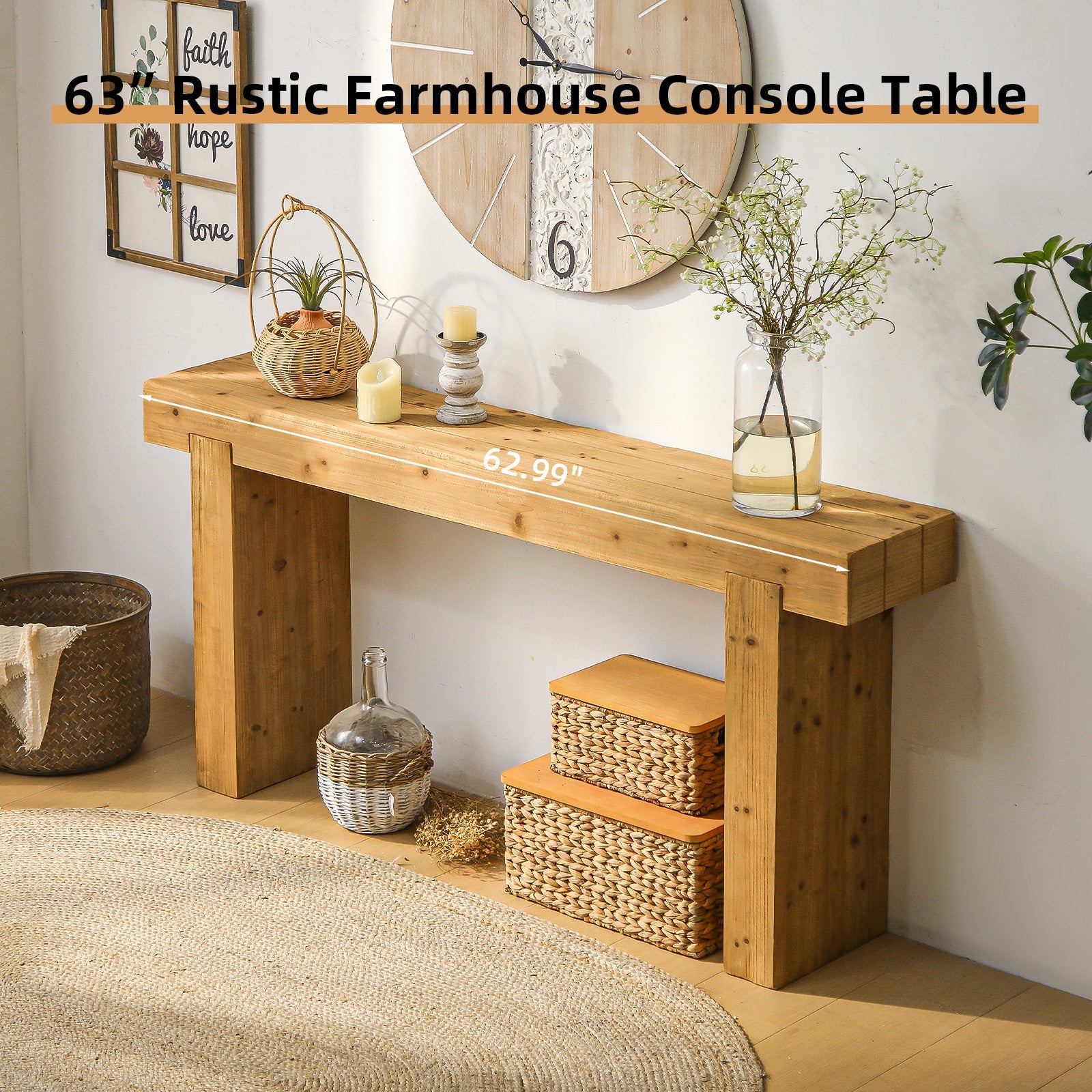 63' Solid Wood Console Table – Rustic Farmhouse Sofa Table for Entryway, Hallway, or Behind Couch, Narrow Rectangular Design
