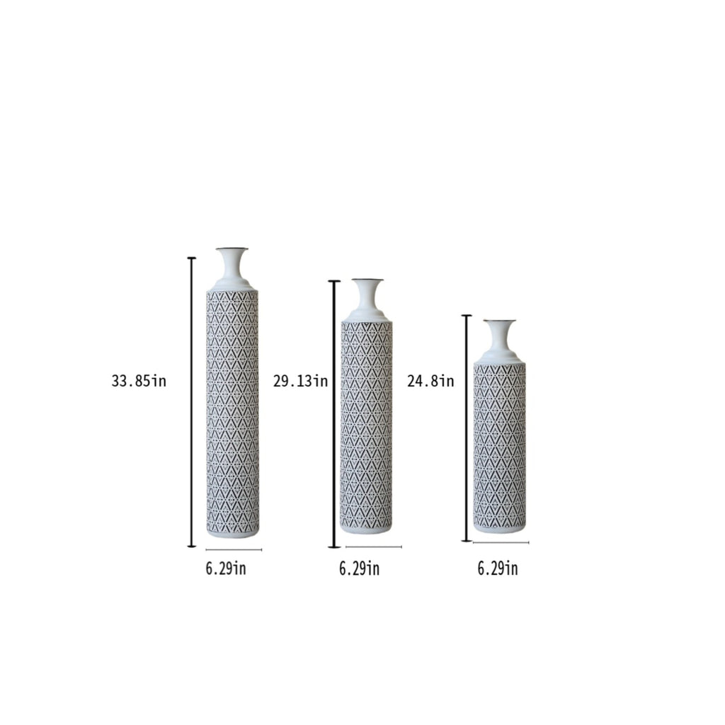 Modern Floor Vase Set – White & Black Metal Vases with Geometric Pattern – 3-Piece Home Decor Set in 24.8 in, 29.13 in & 33.85 in Heights