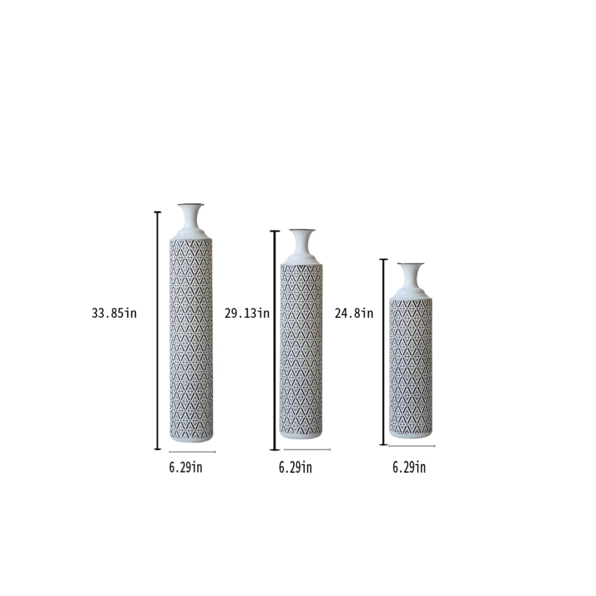 Modern Floor Vase Set – White & Black Metal Vases with Geometric Pattern – 3-Piece Home Decor Set in 24.8 in, 29.13 in & 33.85 in Heights