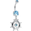 Aqua CZ Shimmering Sailor Captain Wheel Dangle Belly Ring