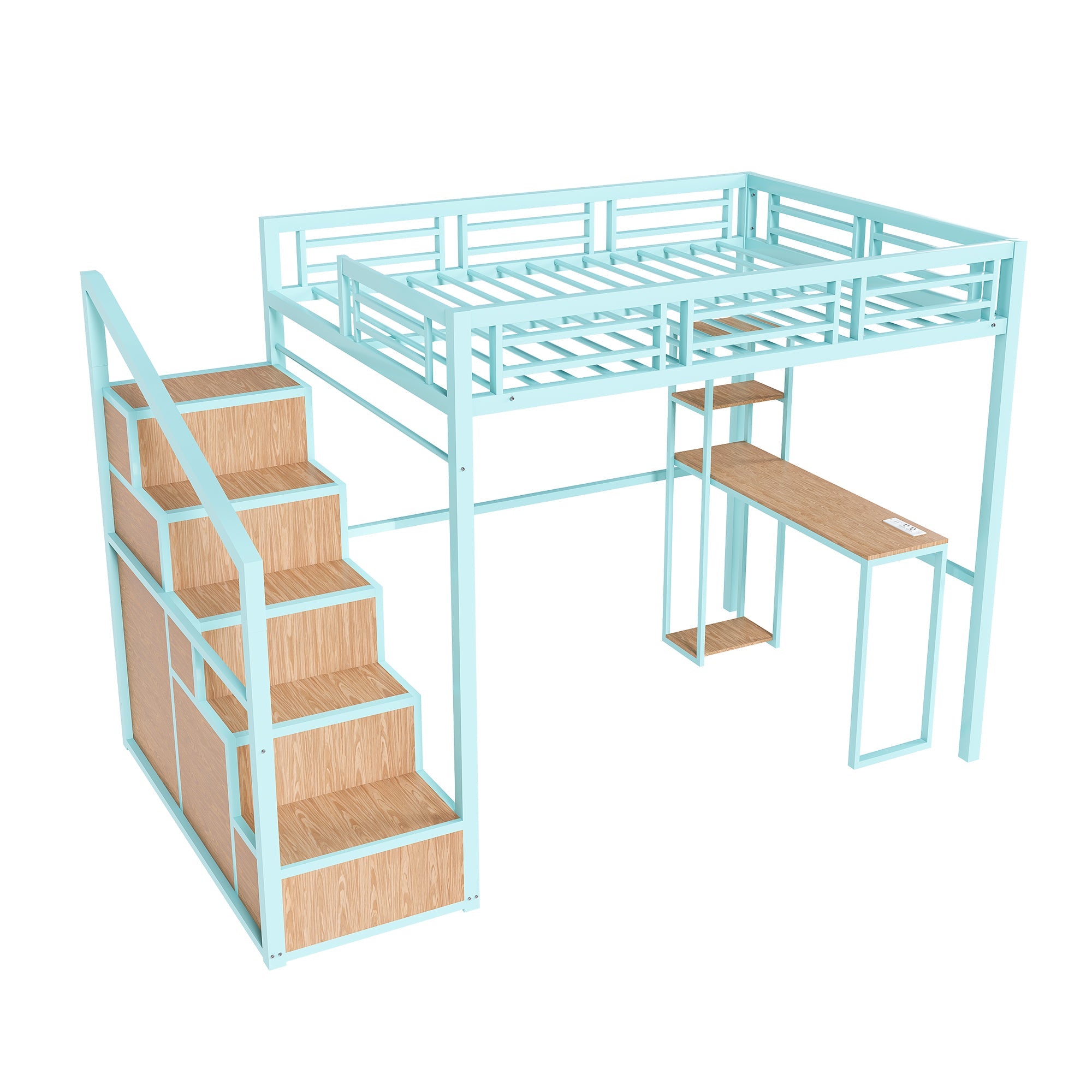 Heavy Metal Frame Full Loft Bed with Desk & Storage, 4 Cabinets, Staircase, Rack Space-Saver for Kids/Teens, Green Color