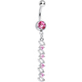 Pink CZ Hollow Almond Cascade Dangle Belly Ring