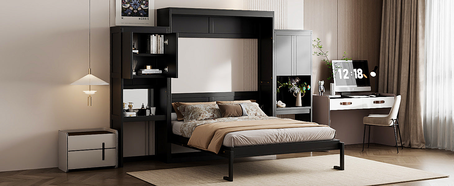 Queen Size Murphy Bed with Desk, Vanity and Cabinets, Espresso(OLD SKU: N820S00057P)