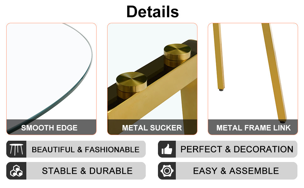 Modern minimalist style circular transparent tempered glass table, tempered glass tabletop, golden metal legs, suitable for kitchen, dining room, and living room, 42 '* 42' * 29.5 '1123r