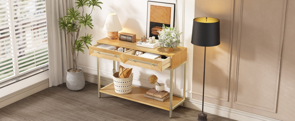 TREXM Entryway Table, Console Table with Two Drawers, Retro Hallway Table with Striking Geometric Design for Entryway and Living Room (Natural)