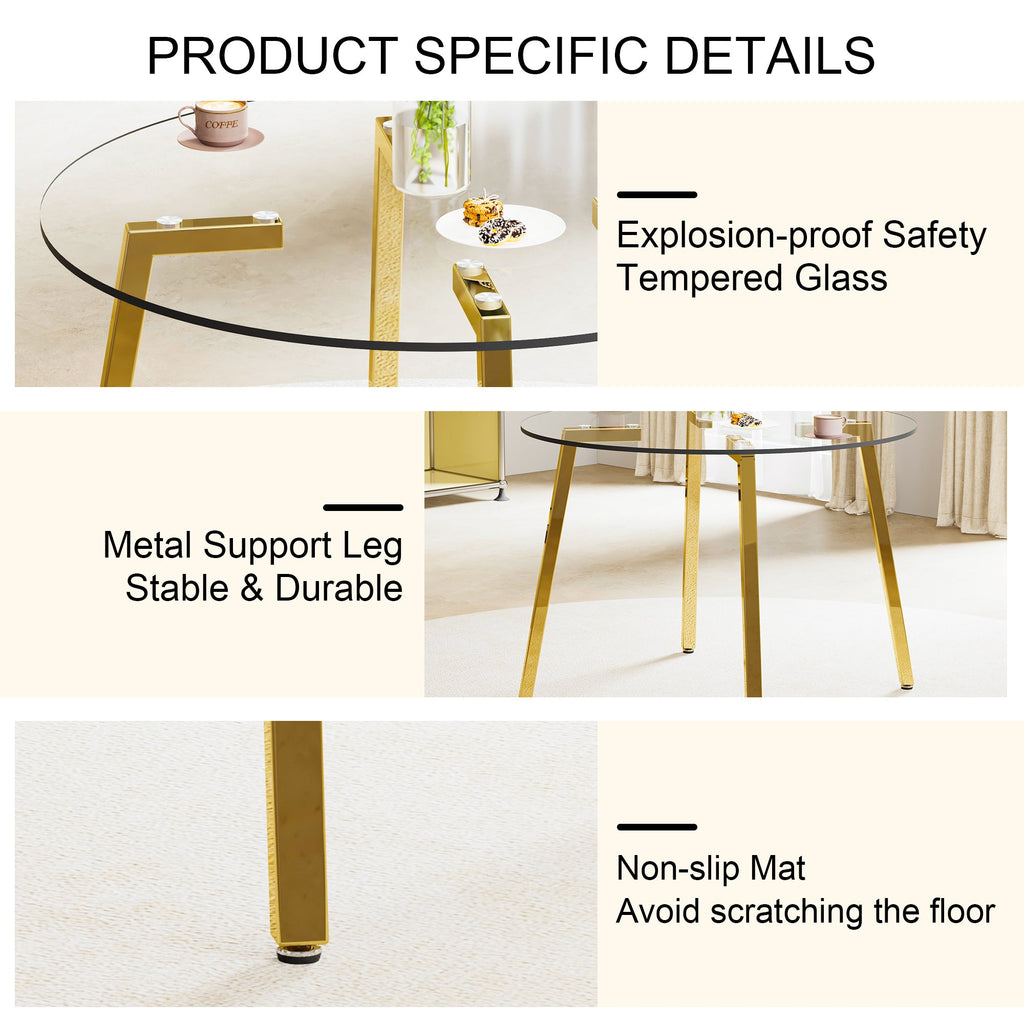 Modern minimalist style circular transparent tempered glass table, tempered glass tabletop, golden metal legs, suitable for kitchen, dining room, and living room, 42 '* 42' * 29.5 '1123r