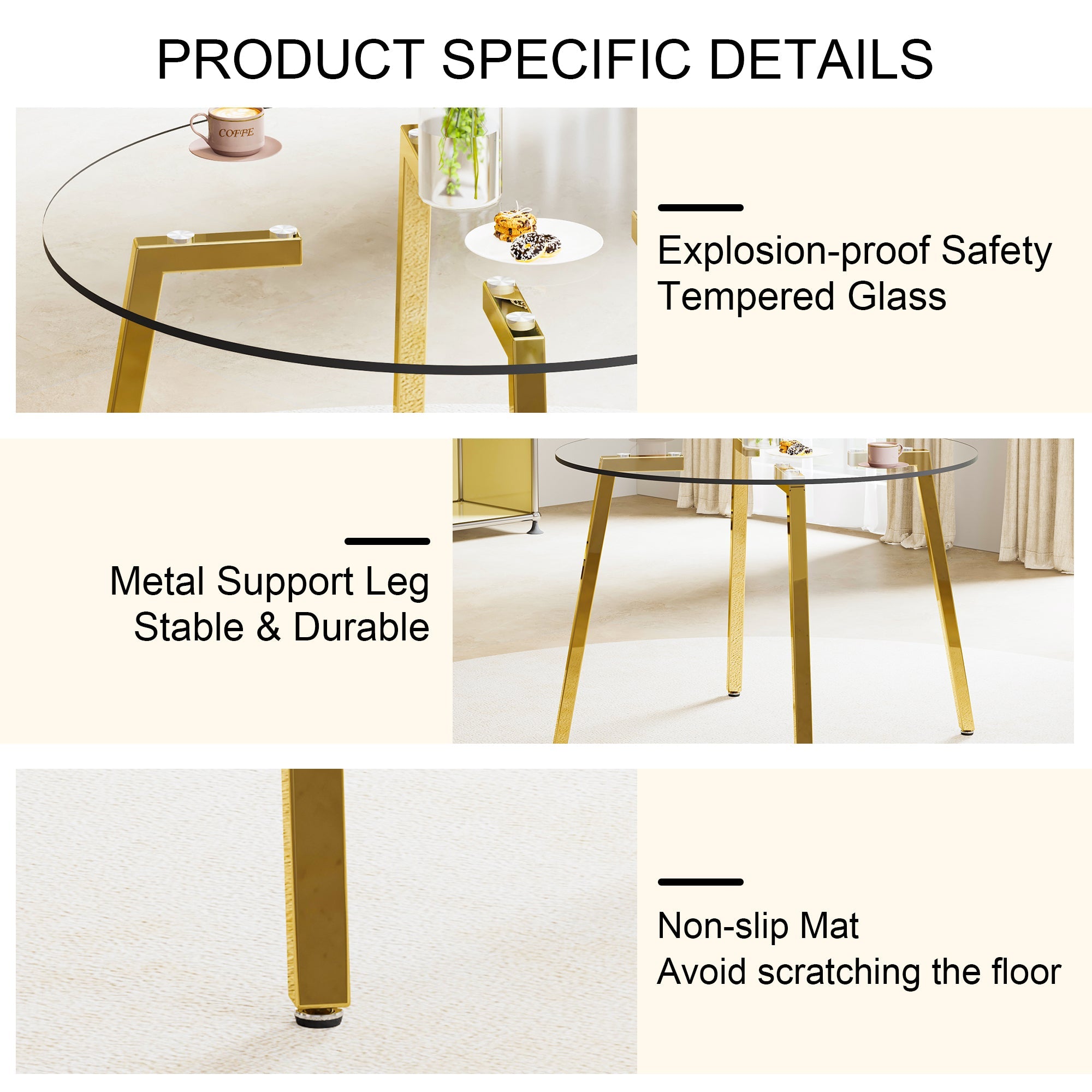 Modern minimalist style circular transparent tempered glass table, tempered glass tabletop, golden metal legs, suitable for kitchen, dining room, and living room, 42 '* 42' * 29.5 '1123r