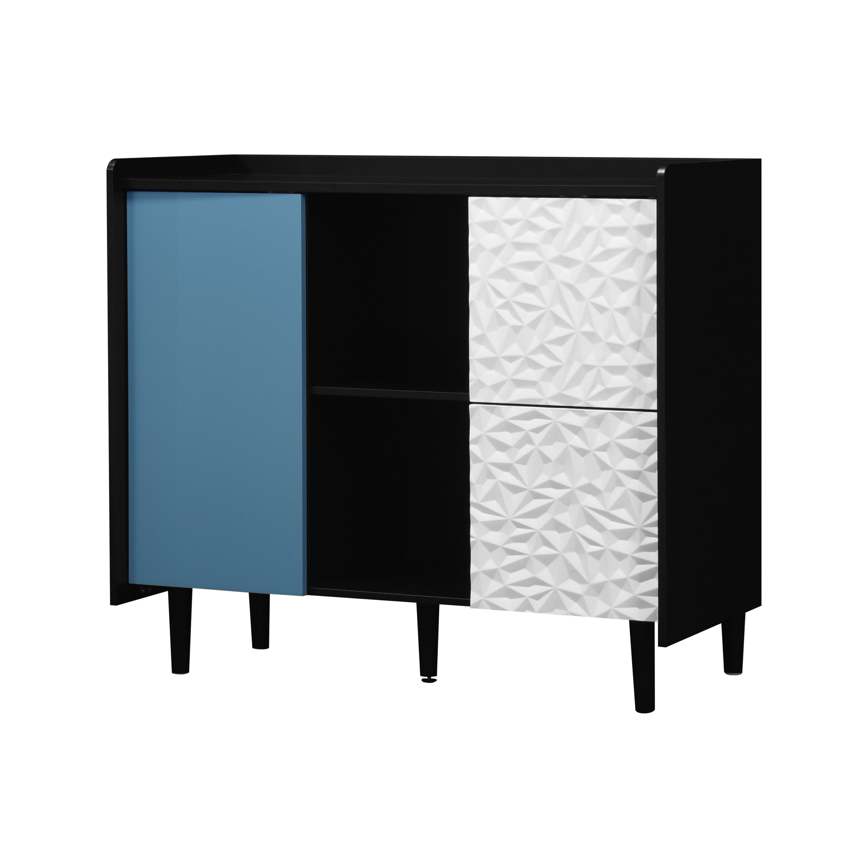 Sideboard Buffet Cabinet, Black Storage Cabinet with Red Doors , 2 Drawers with unique panel styling and 2 Open Storage Compartment, Modern Coffee Bar Cabinet Accent Cabinet for Kitchen, Dining Room,