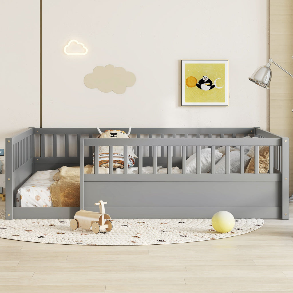 Full Floor Bed Frame with Fence, Montessori wooden children's floor bed,Wood Kids Floor Beds Frame for Bedroom Playroom,Gray