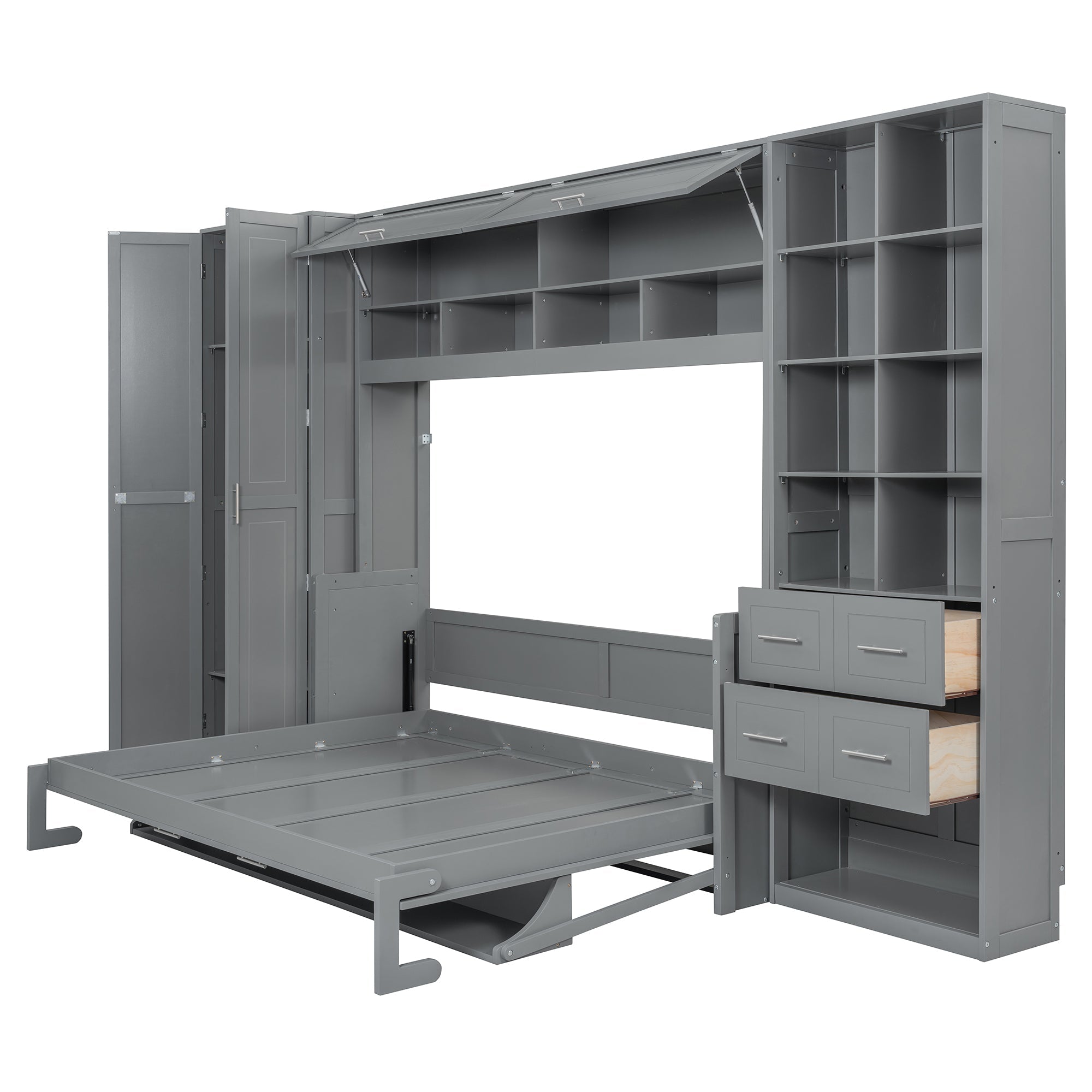 Queen Size Murphy Bed Wall Bed with Closet , Drawers and Shelves,Gray
