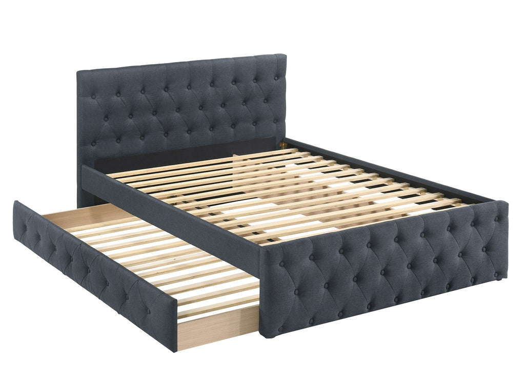 Contemporary Twin Size Bed w/ Trundle Slats Charcoal Burlap Upholstered Button Tufted Headboard Footboard Youth Bedroom Furniture wooden Slats 1pc Bed