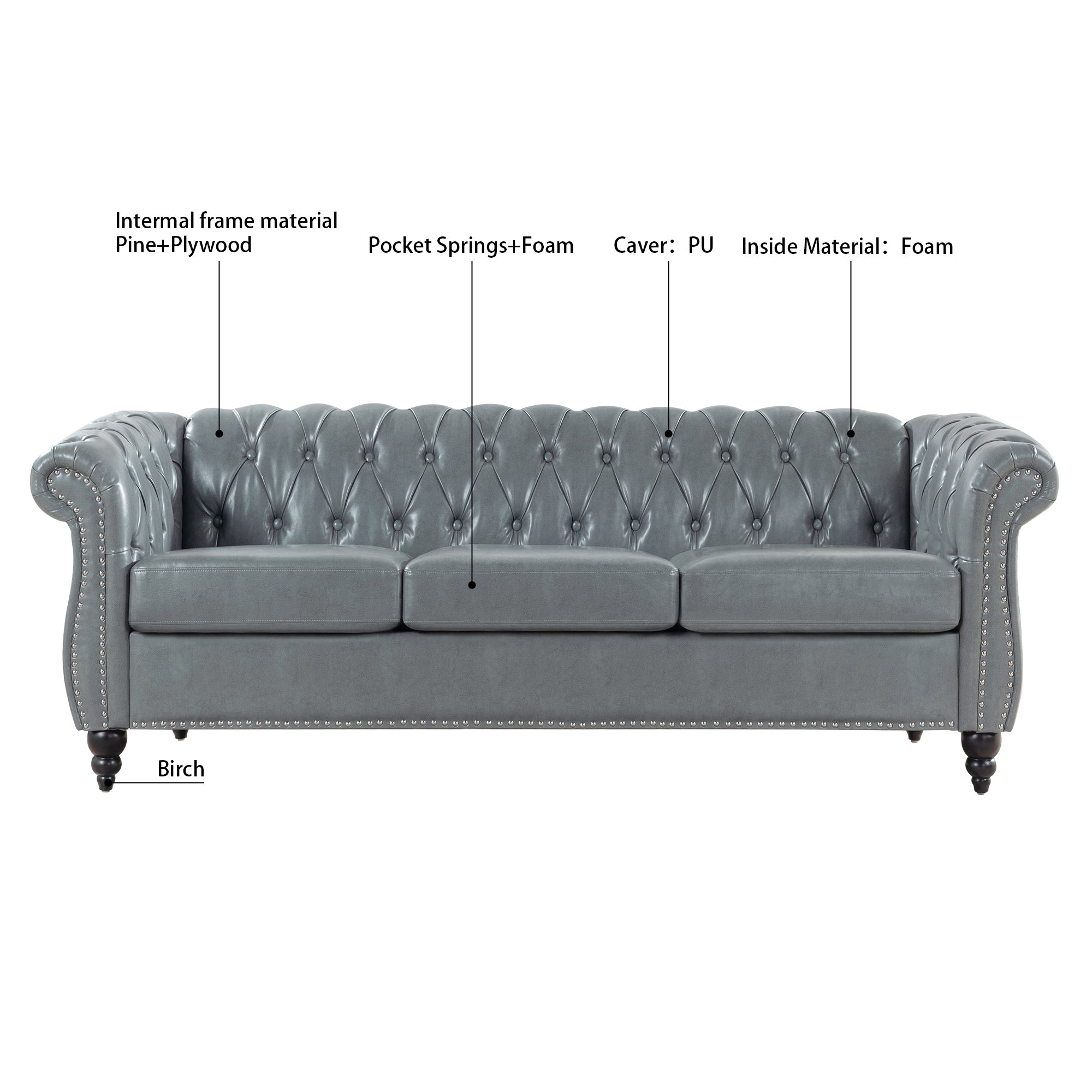84.65' Rolled Arm Chesterfield 3 Seater Sofa.