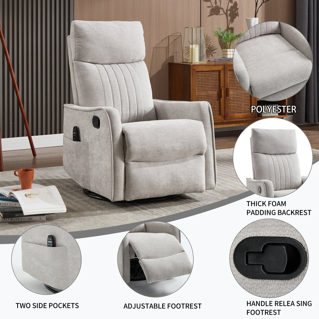 Light Grey Heat Massage Manual Recliner Chair with Rocker and Swivel in Fabric for Living Room