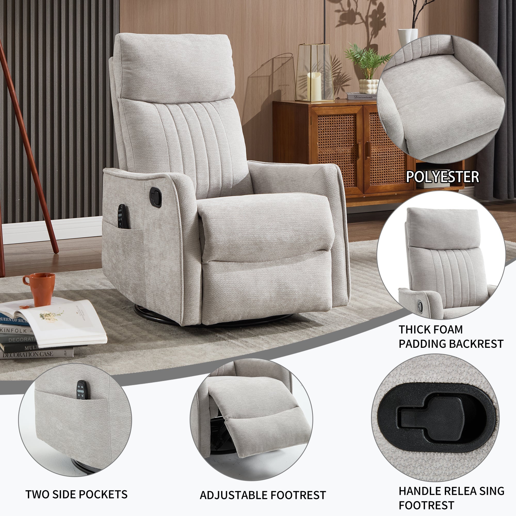 Light Grey Heat Massage Manual Recliner Chair with Rocker and Swivel in Fabric for Living Room