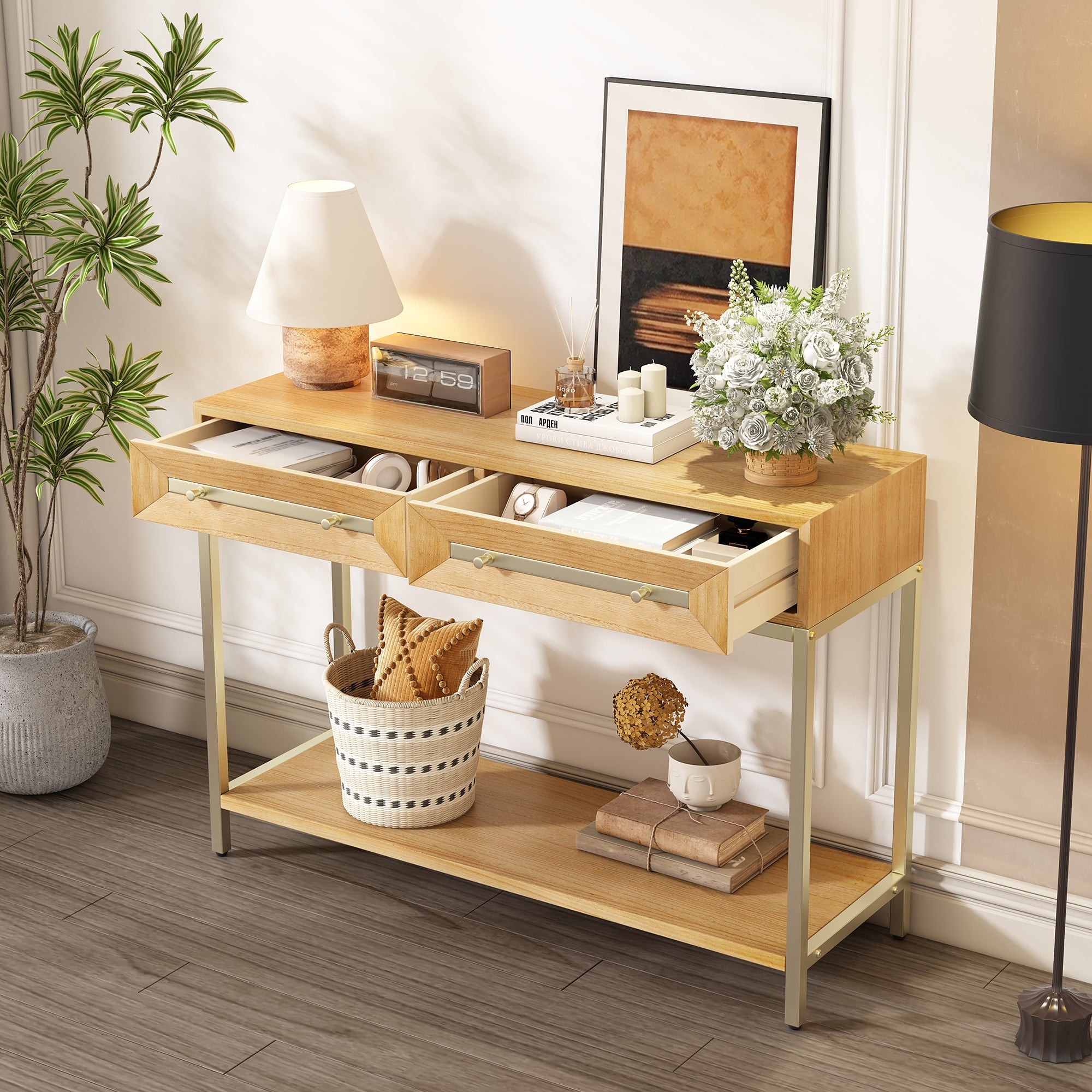 TREXM Entryway Table, Console Table with Two Drawers, Retro Hallway Table with Striking Geometric Design for Entryway and Living Room (Natural)