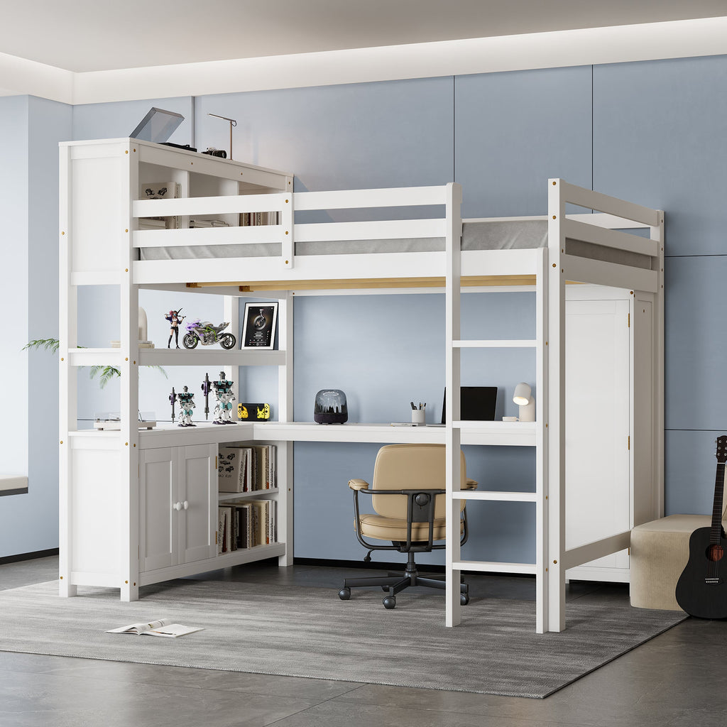 Wood Loft Bed with Cabinet and Bookshelf, Queen Size Loft with Wardrobe and Desk for Kids,White