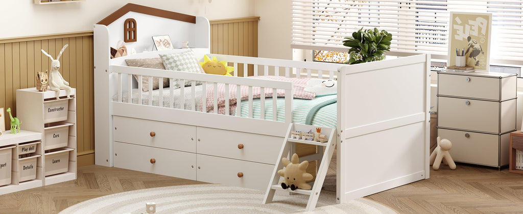 Twin Bed Frame with Storage 4 Drawers,Wooden Bed Frame for Kids,Platform Twin Size Bed with Guardrail Headboard and Ladder, No Box Spring Needed, Easy Assembly, White