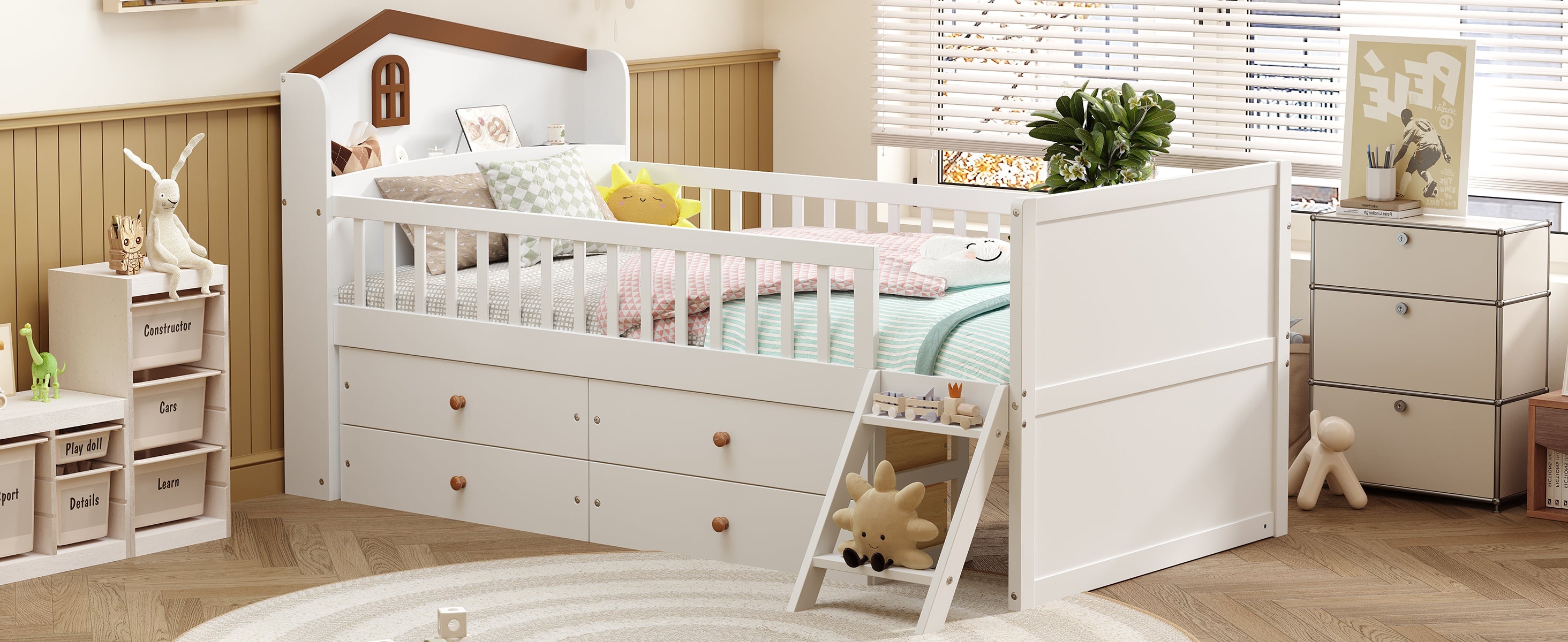 Twin Bed Frame with Storage 4 Drawers,Wooden Bed Frame for Kids,Platform Twin Size Bed with Guardrail Headboard and Ladder, No Box Spring Needed, Easy Assembly, White